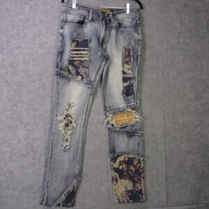 Makobi Jeans Mens 32 Light Wash Distressed Patchwork Skinny Ripped Denim 32x32